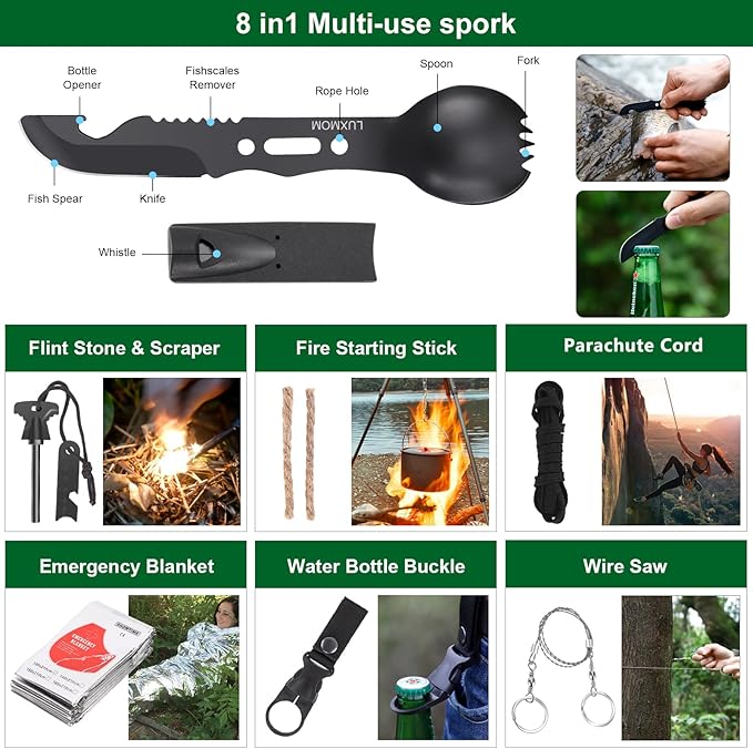 Emergency Survival Kit First Aid Kit, 121Pcs Tactical Gear Camping Gear Emergency Supplies with MOLLE Pouch, Stocking Stuffers for Men Camping Hiking Hunting Outdoor Adventure