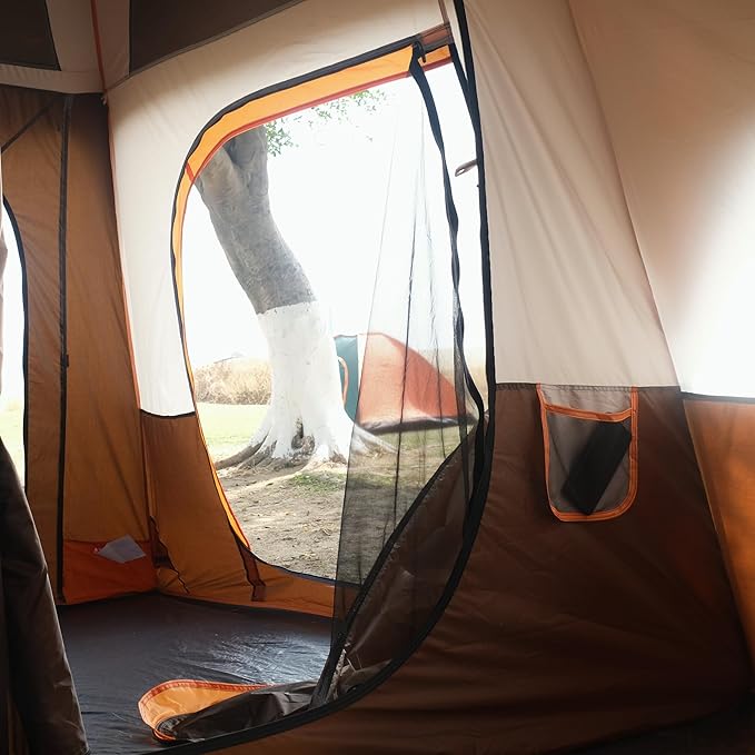 KTT Large Family Cabin Tent 10-12 Person,14.1X10X6.58ft,2 Rooms,3 Storage Pockets,2 Bay-Windows 3 Doors and 3 Windows with Mesh,Straight Wall,Waterproof,Double Layer,Big Tent for Outdoor,Camping