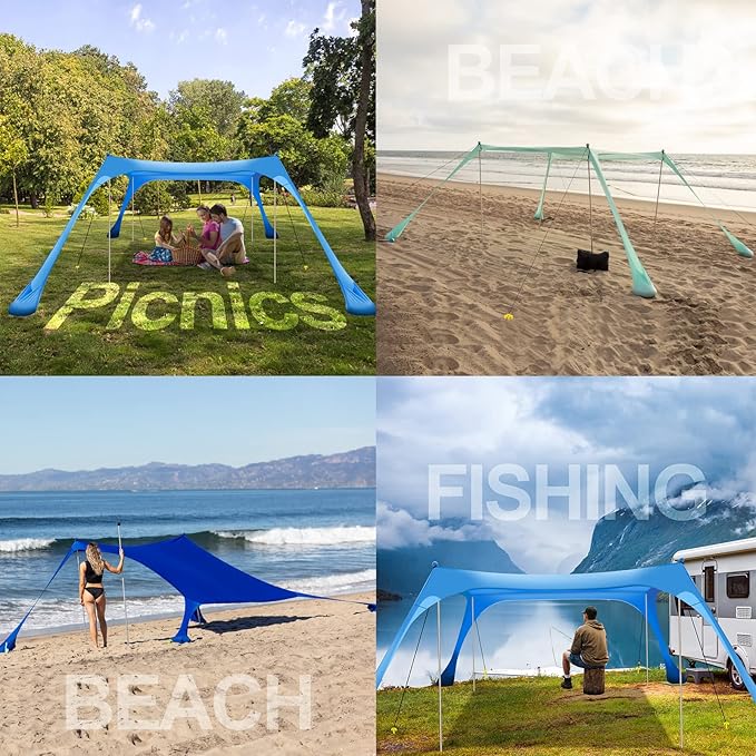 Buheco Beach Tent Pop Up Shade 10x10ft Beach Canopy Sun Shelter UPF50+ with 4 Foldable Poles-Portable Carrying Bag-Sand Shovel-Ground Pegs-Windproof Ropes for Outdoor Family Camping-Fishing- Picnic