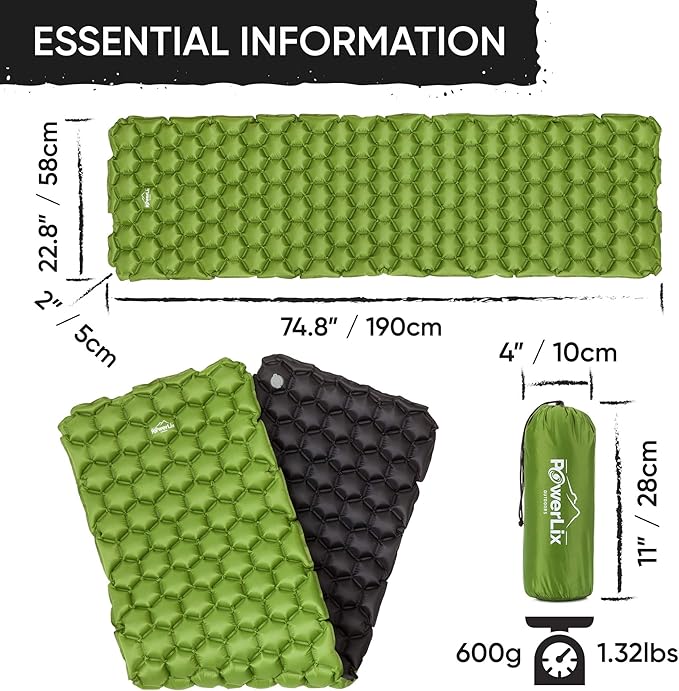 POWERLIX Ultralight Sleeping Pad for Camping with Inflating Bag– Compact Lightweight Camping Mat, Outdoor Backpacking Hiking Traveling Airpad Camping Air Mattress Sleeping Mat