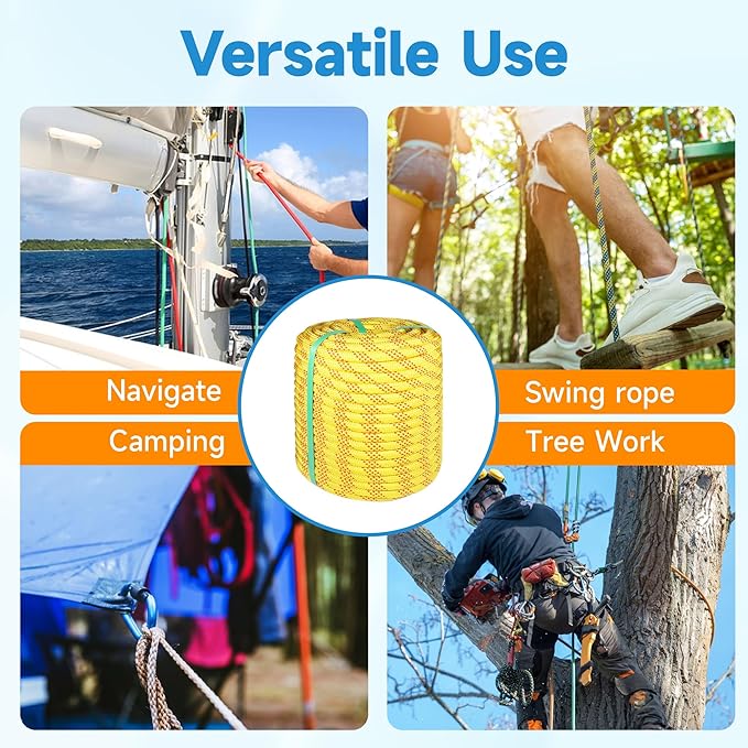 Rigging Rope 1/2 in x 150 Ft Double Braided Polyester Rope Polyester Braided Arborist 48 Strands for Various Outdoor Applications Construction Climbing Swing Sailing (Yellow, 1/2X200FT)