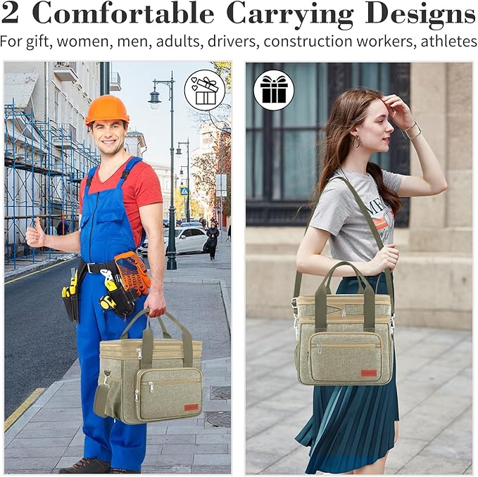 Expandable Insulated Large Cooler Lunch Box for Men 23L Heavy Duty Double Deck Leakproof Lunch Bag with 4 Ice packs&8 Snack Bags for Adult/Construction/Women/Work/Picnic/Camping -Khaki