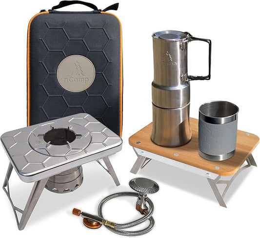 nCamp Kitchen to Go 5 Piece Bundle, Portable Compact Multi-Fuel Burning Camping Stove, ISO Propane Adapter, Elevated Bamboo Cutting Board Prep Surface, Cafe Coffee Maker, Carrying Bag, For Camping