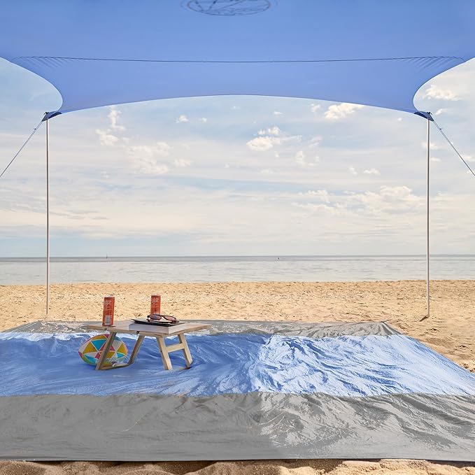 WEKAPO Beach Tent Sun Shelter - Easy Setup Beach Canopy with 4 Sturdy Poles, Large Sandbags and Shovel, 6'7'' Tall, Windproof Sun Shade for Backyard and Camping, UPF 50+ Protection