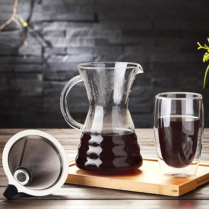 Unbreakable - Pour Over Coffee Maker with Permanent Stainless Filter 27 fl oz, Thickened Heat-Resistant Borosilicate Glass Dripper Coffee Brewer, Stovetop Safe