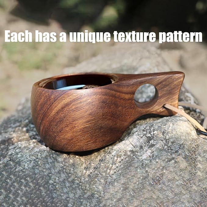 Coffe Mug Portable Wooden Camp Cup with Handle Kuksa Handmade Cool Hot Drinking Viking Mug Unique Natural Wood Grain for Outdoor Travel Hiking Men Women