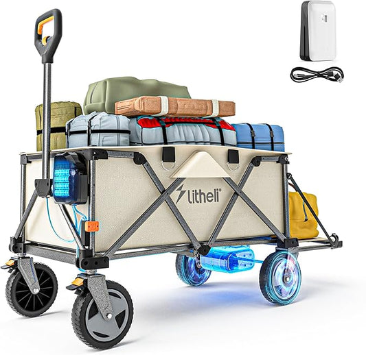 Litheli Electric Collapsible Wagon Cart, 200L Heavy Duty Utility Cart with All-Terrain Wheels, Beach Wagon with Self-Propelled, Variable Speed for Camping, Shopping, Sports, Garden, (1 U-Battery)
