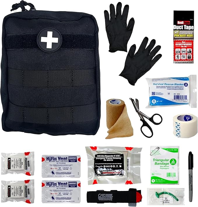 IFAK (Individual First Aid Kit) Trauma Kit with CAT Tourniquet — Medical Pouch for Tactical, Outdoor, Hiking, Military — Backpacking Emergency Medical Kit for Bleeding Control (Black)