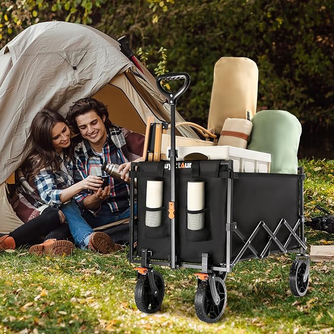 140L Collapsible Wagon Cart Foldable, Portable Folding Wagon with Silent Universal Wheels, Utility Grocery Cart for Camping Sports Shopping, Black