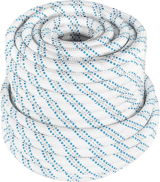 High Strength Braid Rope Pulling Cord Polyester Arborist Line Multipurpose Bull Rigging 5/8 Inch x 150 Feet White Grey Blue