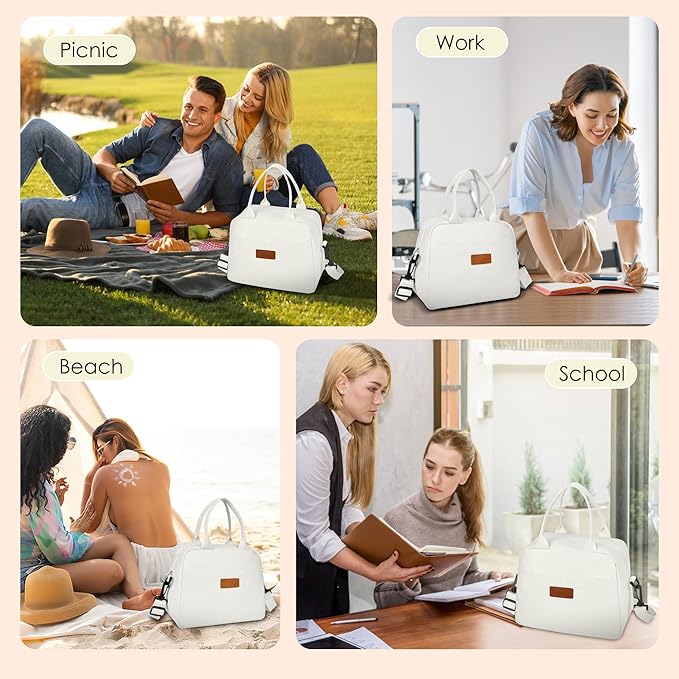 LOKASS Lunch Bag for Women-Insulated Adults Lunch Box with Front Pocket- Small Cute Lunch Tote for Work-Reusable Cooler Bag for Office Picnic Beach or Travel(White)