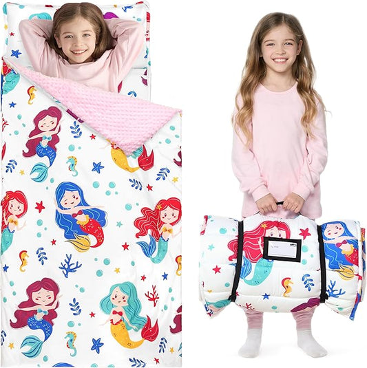 JOIEDOMI Toddler Nap Mat for Preschool 55''x30'' Sleeping Mat with Removable Pillow and Minky Blanket for Kids Ages 3-7 Roll Up Soft Kids Sleeping Bag for Boys Girls Kindergarten Daycare Sleepover
