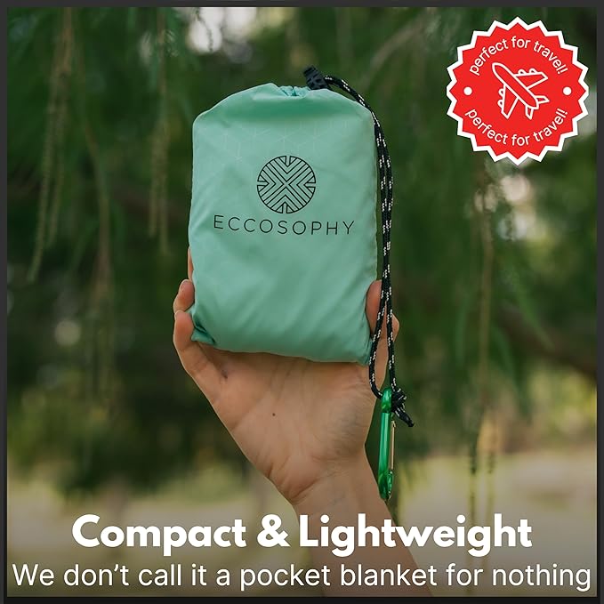 ECCOSOPHY Sand Proof Beach Blanket - Waterproof Picnic Blanket 60x55 Outdoor Compact Pocket Blanket Lightweight Ground Cover for Hiking Camping Festivals Sports Travel with Bag & Stakes (Pistachio)