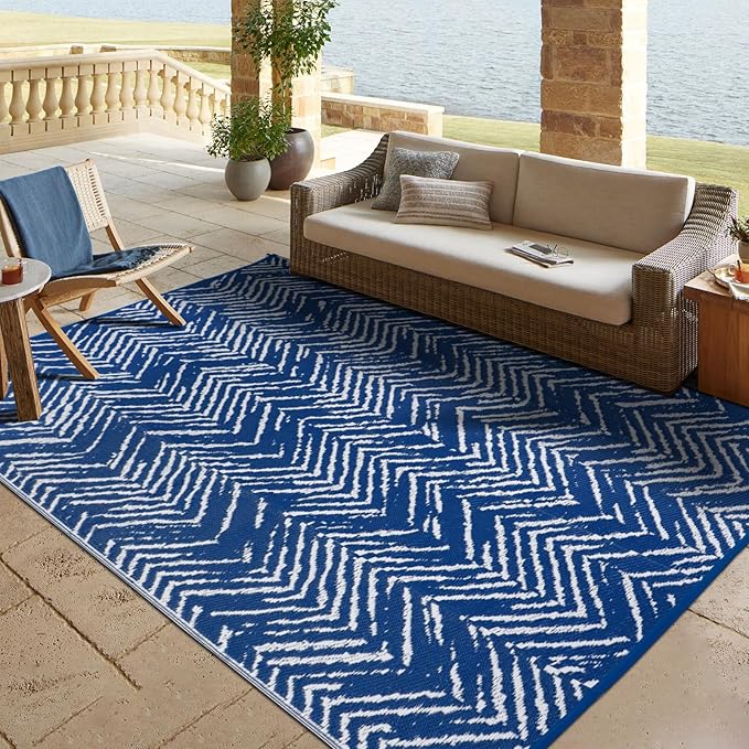 Outdoor Patio Rug 5x8 Navy Blue, Waterproof Reversible Outdoor Plastic Straw Rugs RV Camping Mat UV-Resistant Outside Carpet Portable Area Mats for Garden Balcony Deck Picnic Beach