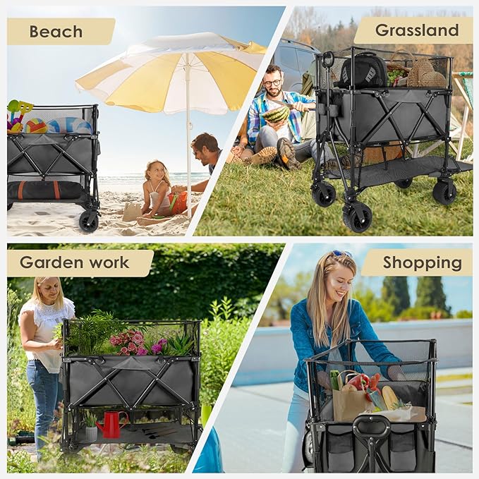 HOPERAN 550L XXL Wagons Carts Foldable, 54" Extra Length & Height Double Deck Collapsible Wagon Cart with Tailgate, 8" Big All-Terrain Wheels, 550lbs Load Utility Grocery Cart for Camping,Sports,Beach