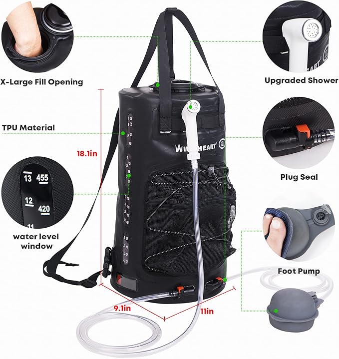 WILD HEART Camping Shower, 5.8 Gallons/22L Portable Camp Shower Bag with Upgraded Screw Lid, Water Level Window, Pressure Foot Pump, and Handy Nozzle, Solar Shower for Beach Camping Hiking Trip