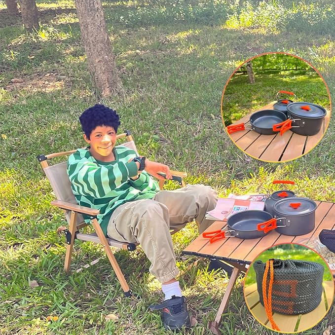 Camping Cookware Set, Non-Stick Lightweight Camping Pot and Pan Set with Stainless Steel Kettle Plates Spoon for Backpacking, Hiking, Outdoor Cooking and Picnic