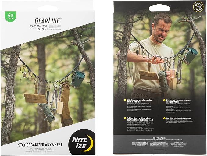 Nite Ize GearLine Hanging Organization System - Gear Ties for Camping, Hiking & Outdoor Activities - Webbing Line with S-Biner Clips & Bendable Ties - Camping Gear Organization - Coyote