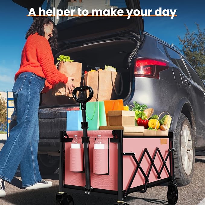 Collapsible Wagon Cart Foldable with 220lbs Weight Capacity, Lightweight Portable Folding Grocery Shopping Cart with Wheels for Camping Sports Beach and Shopping, Pink