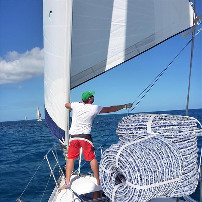 3/4 Inch x 150 Feet Double Braid Polyester Rope 20000Lbs Breaking Strength Strong Pulling Rope for Tree Work Camping Swings(Blue White)