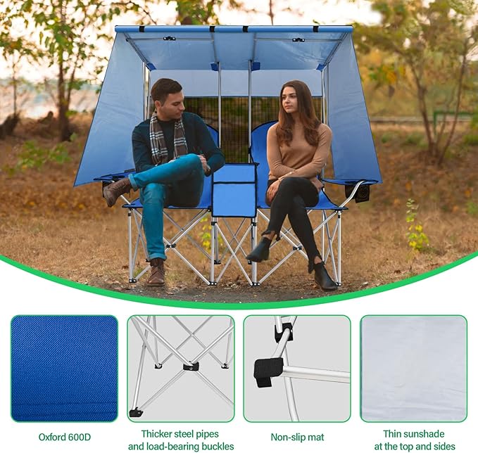 ptlsy Double Camping Chair with Canopy, Folding Two-Person Seat, Portable Outdoor Loveseat with Shade, Folding Chairs for Beach, Lawn, and Outdoor Activities (Blue)