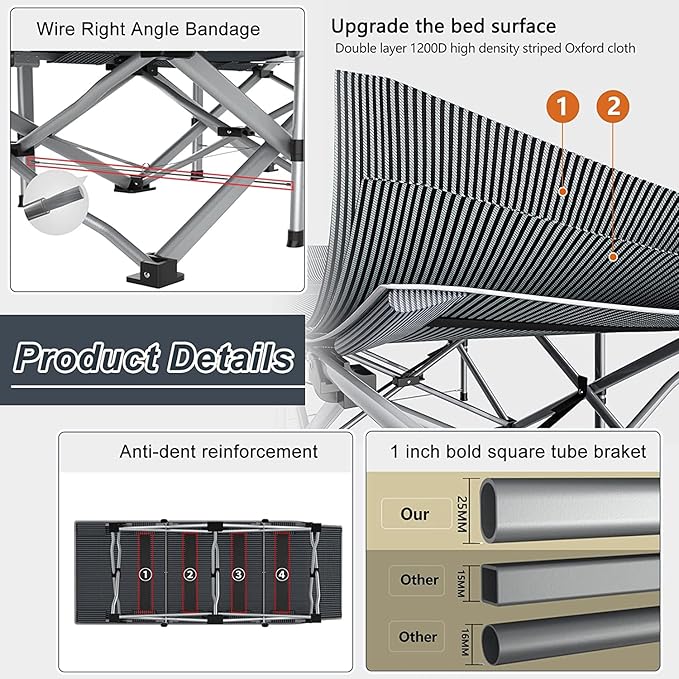 ABORON 2 Pack Folding Camping Cot W/Mat for Adults, Heavy Duty Outdoor Bed with Carry Bag,1200 D Layer Oxford Travel Camp Cots