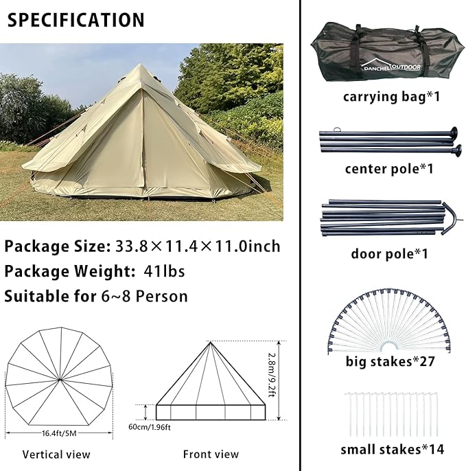 DANCHEL OUTDOOR B2 Waterproof Glamping Yurts for All Year Living with Stove Jack for 4/6 Person, Portable 4 Season Bell Tent for Camping Hot Tent 300D Oxford Nylon Glamping Accessories,13ft/16.4ft