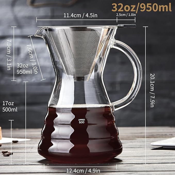 Unbreakable - Pour Over Coffee Maker with Permanent Stainless Filter 27 fl oz, Thickened Heat-Resistant Borosilicate Glass Dripper Coffee Brewer, Stovetop Safe