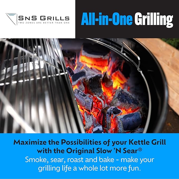SnS Grills Patented Slow ‘N Sear Original Insert - Stainless Steel Charcoal Basket with Built-In Water Reservoir for Low ‘N Slow Smoking & Charcoal Grilling for Weber & Other Kettle Grills - 22 in