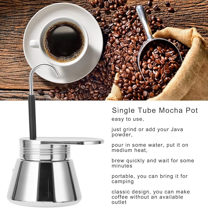 Single Spout Mocha Pot, Stainless Steel Espresso Maker Coffee Pot Lightweight Cafe Maker Portable Outdoor Camping Brewed Coffee Cup for All Electric Ceramic Gas Stovetops(50ml)