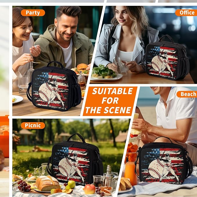 American Flag Baseball Pattern Lunch Bag Sport Baseball Lunch Boxes for Women/Man Office Work Travel School Work Picnic Durable Reusable Insulated Large Lunch Tote Bag with Adjustable Shoulder Strap