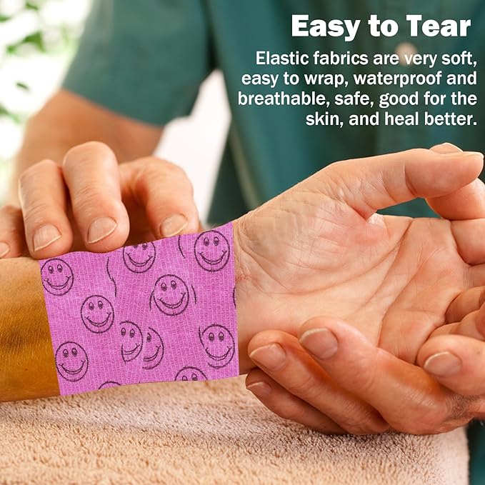 First Aid Bandages Cohesive Wrap Adhesive Self Adherent Tape Colorful (Pink Smile, 2-Inch)