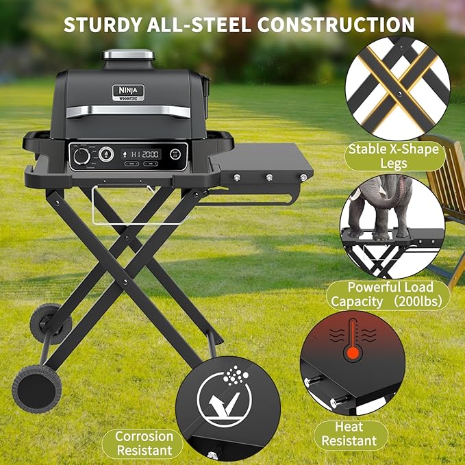 Apromise Grill Stand for Ninja Woodfire OG700/OG800/OG900 Series, Pro XL, and OO101 Pizza Oven, Compatible with Blackstone 17" Griddle, Portable Outdoor Grill Table with Wheels & Side Shelf