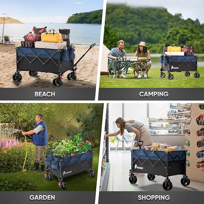 PTEROMY 150L Collapsible Wagon Cart Foldable, 360lbs Load Bearing Beach Cart Foldable Wagon for Shopping, Camping, Garden, Grocery, Outdoor (Black+Blue)