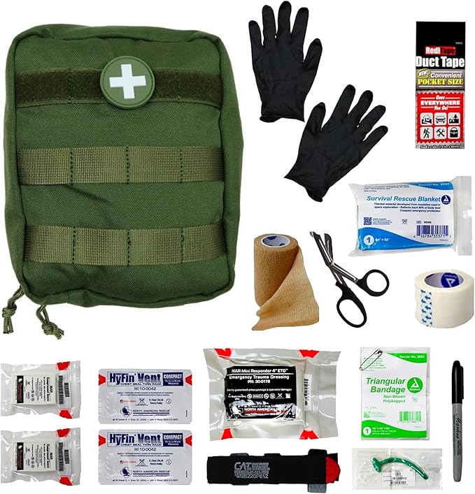 IFAK (Individual First Aid Kit) Trauma Kit with CAT Tourniquet — Medical Pouch for Tactical, Outdoor, Hiking, Military — Backpacking Emergency Medical Kit for Bleeding Control (OD Green)