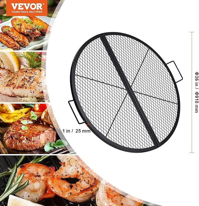 VEVOR Fire Pit Cooking Grill Grate 36 Inch, Foldable Round Cooking Rack, Heavy Duty X-Marks Campfire BBQ Grill with Portable Handle & Support Wire for Outdoor Picnic Party & Gathering, Black