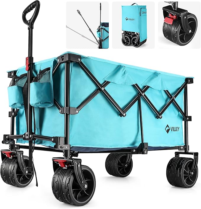 VILLEY Collapsible Folding Wagon with Big Wheels, All Terrain Beach Wagon Cart Heavy Duty Foldable, Enlarged 225lbs Capacity, Portable Utility Garden Cart with 2 Cup Holders and Brake, Blue