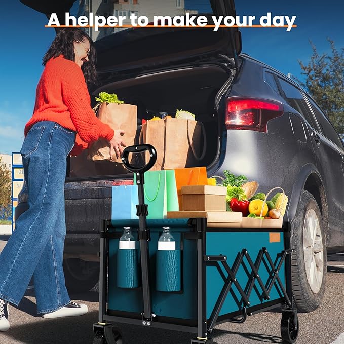 Collapsible Wagon Cart Foldable with 220lbs Weight Capacity, Lightweight Portable Folding Grocery Shopping Cart with Wheels for Camping Sports Beach and Shopping, Blue