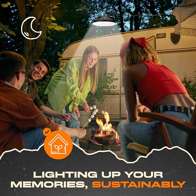 Portable LED Hanging Tent Lights for Camping - Splash Proof IP44 Rated Solar Camping Light Rechargeable - ABS Water Resistant Canopy Lights Outdoor - Chrome Hook for Hanging Downlight - Pack 2