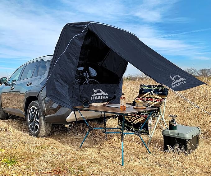 Hasika SUV Camping Tent Car Tailgate Shade Awning with Screen Net Waterproof 3000MM UPF 50+ Black (Large)