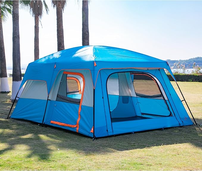KTT Extra Large Tent 10-12-14 Person(A),Family Cabin Tents,2 Rooms,3 Doors and 3 Windows with Mesh,Straight Wall,Waterproof,Double Layer,Big Tent for Outdoor,Picnic,Camping,Family Gathering