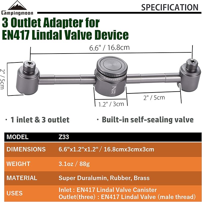 CAMPINGMOON 3 Outlet Adapter for EN417 Lindal Valve Canister Device Camping Lantern Z33