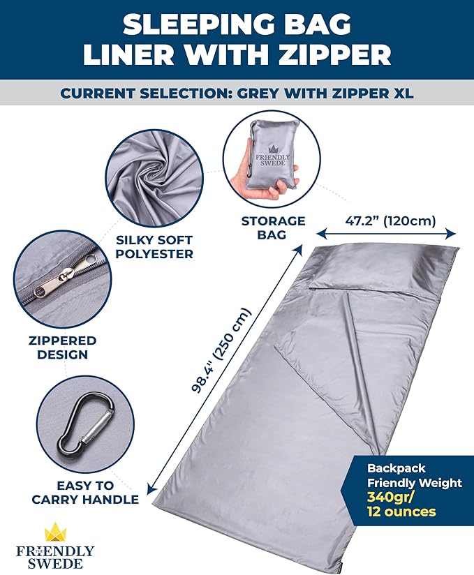 The Friendly Swede Sleeping Bag Liner — Ultralight Polyester or Cold Weather Microfiber Adult Sleep Sack; Thin Travel Sheets for Hotel; Camping Sheets; Travel Sleeping Bag with Pocket-Size Stuff Sack