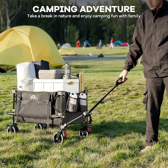 150L Wagon Cart Heavy Duty Foldable, Folding Utility Grocery Wagon with 220lbs Weight Capacity, All-Terrain Wheels for Shopping, Sports, Camping, Garden, Black