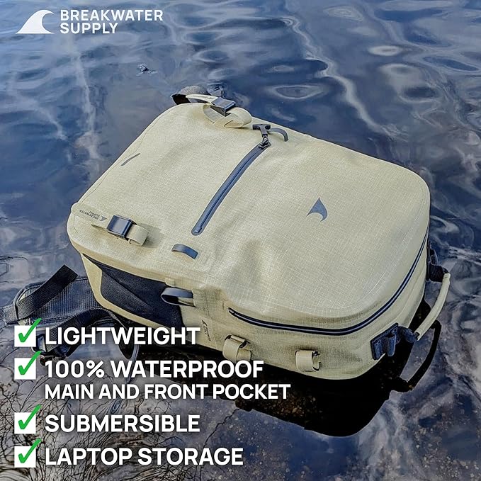 Breakwater Supply™ River Ute Waterproof IP68 Fishing Backpack, Floating TPU Submersible Dry Bag with Padded Hip Belt and Airtight Zippers | 20L (River Ute 20L CORDURA Safari Tan)