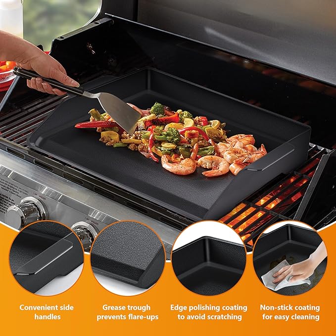 Universal Cast Iron Griddle 17" X 13",Stove Top Griddle for Gas Grills,Fire Pits,And Ovens,Nonstick Coating Teppanyaki Griddle Pan for Stove Top With Extra High Sidewalls for Outdoor Cooking