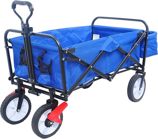 Collapsible Folding Wagon Garden Shopping Beach Cart,Portable Utility Buggy with Big Wheels,Adjustable Handle and Cup Holder,for Sand,Camping,Outdoor,53.50",Blue