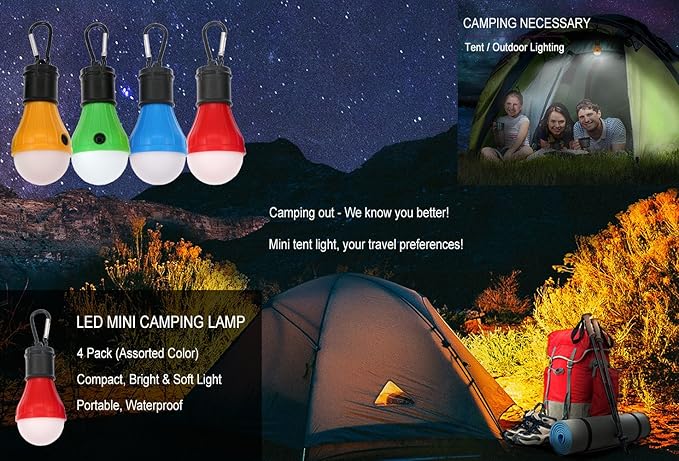 Coideal Camping Tent Lights Lamp - 4 Pack Portable LED Camp Light Bulbs Lantern Battery Powered for Hurricane Emergency Backpacking Hiking Outdoor and Indoor, Outage