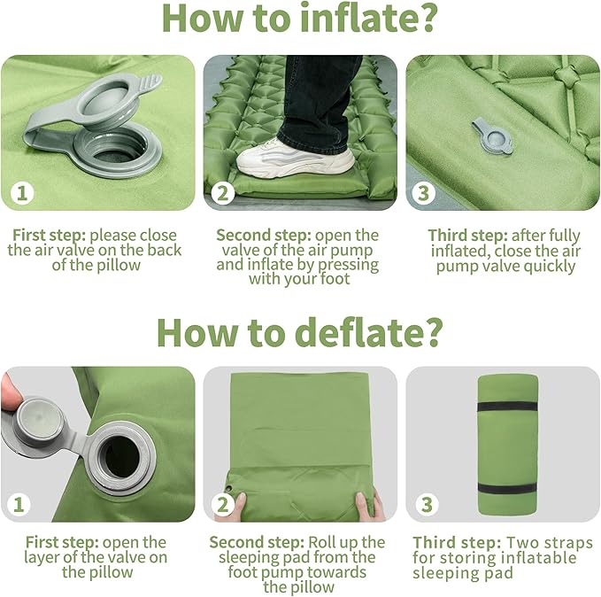Single Sleeping Pad for Camping, Ultralight Inflatable Sleeping Mat with Pillow and Built-in Foot Pump, Portable Camping Mattress for Tent, Backpacking, Hiking, Traveling (Single,Green)