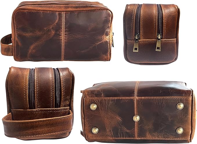 RUSTIC TOWN Leather Toiletry Bag for Men - Travel Shaving Dopp Kit - Bathroom Shower Toiletries Organizer - Leather Cosmetic Bag for Women (Antique Brown)
